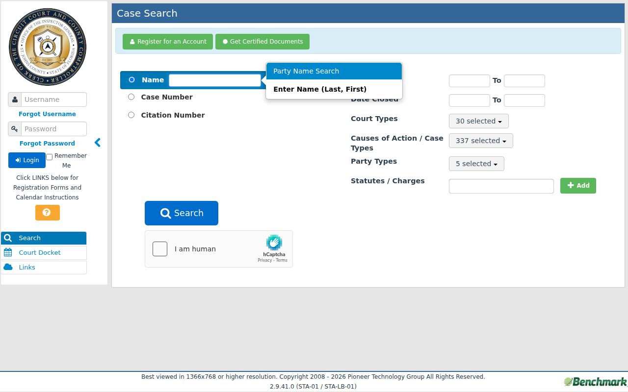 St. Johns County criminal court case search in Benchmark