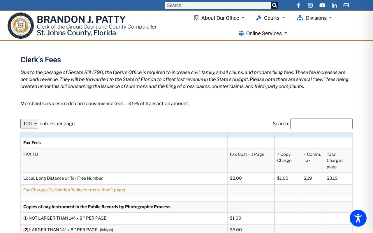St. Johns County criminal record Clerk fee schedule