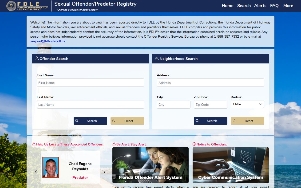 Florida Sexual Offenders and Predators Search landing page