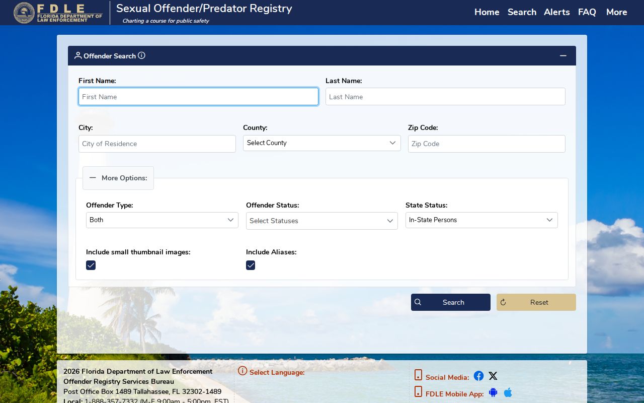 FDLE sex offender name and geography search form